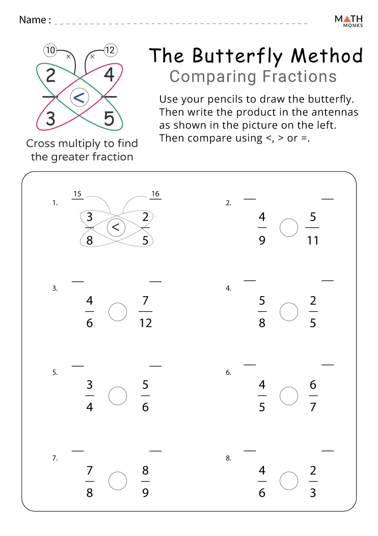 Comparing fractions worksheets