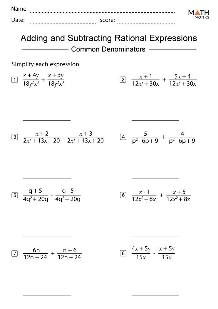 Adding and subtracting rational expressions worksheets
