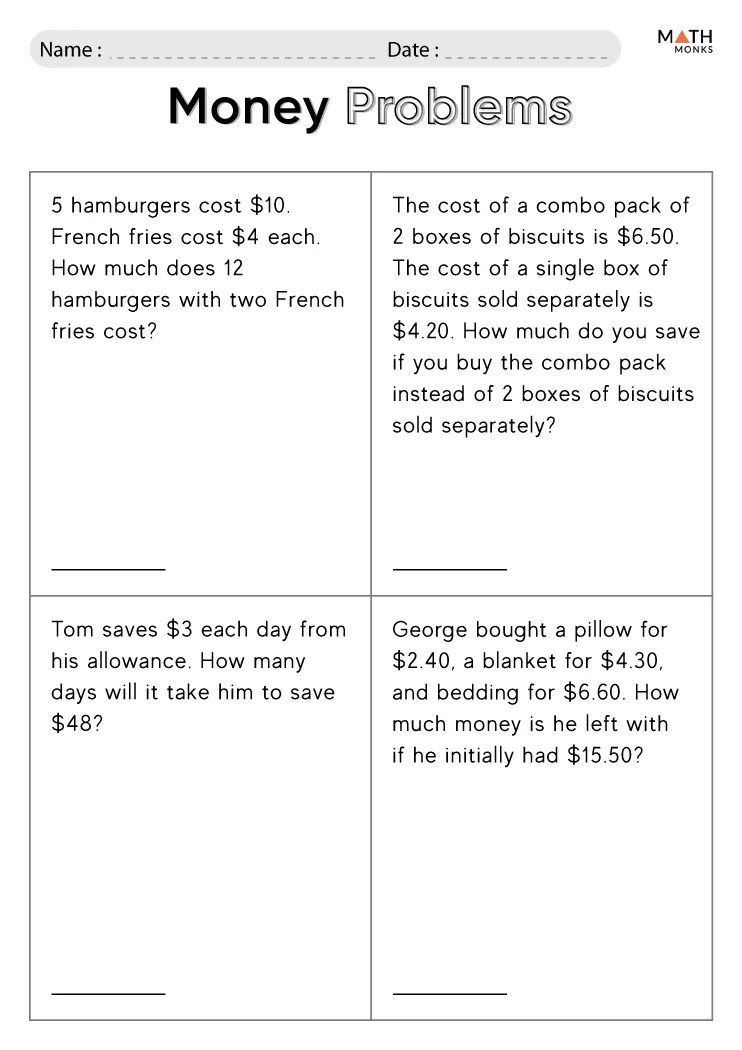 Money word problems worksheets
