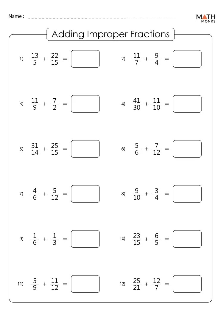 Improper fractions worksheets