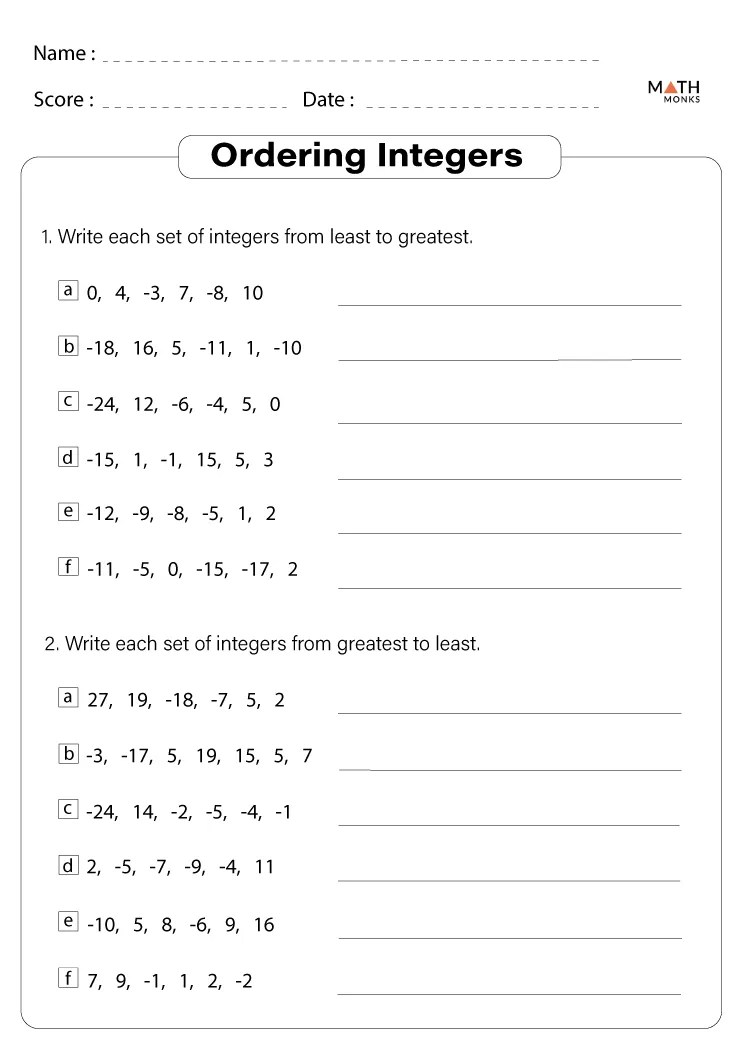 Ordering integers worksheet