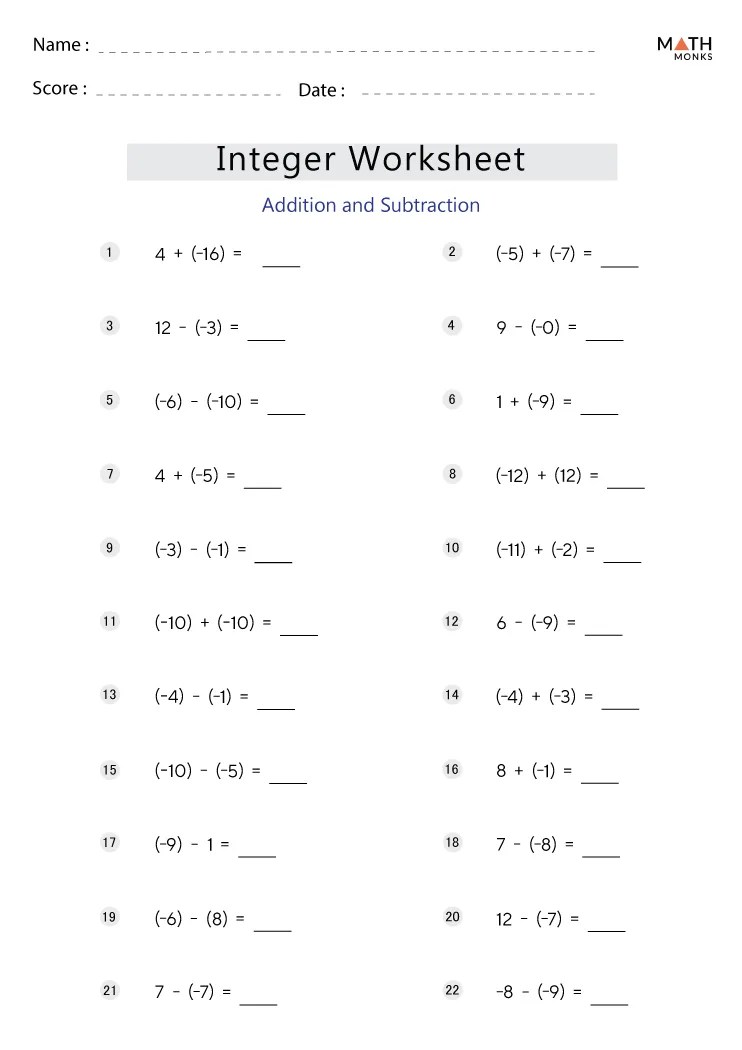 Integers worksheets