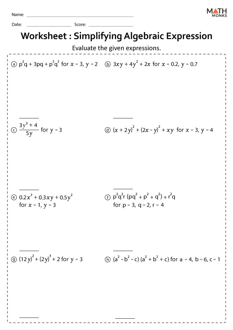 Algebraic expressions worksheets