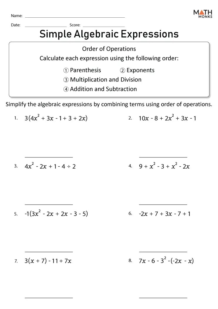 Algebraic expressions worksheets