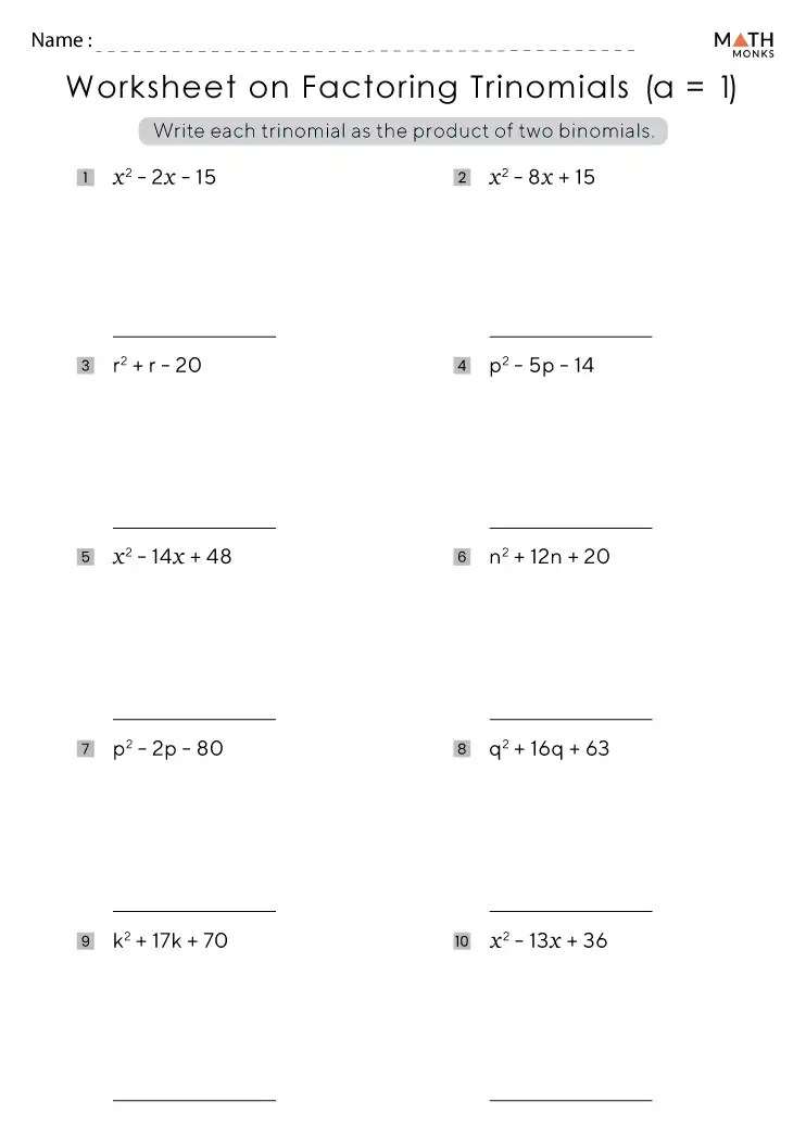 Factoring trinomials worksheets