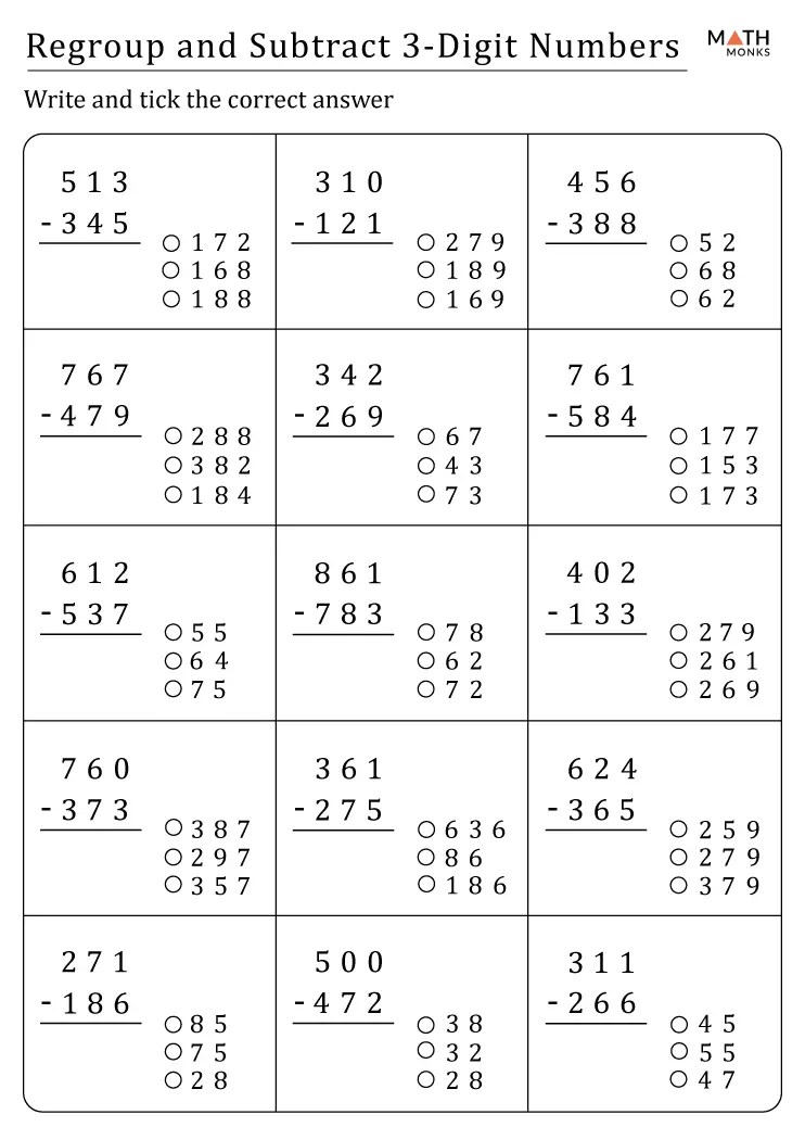 Subtraction with regrouping worksheets