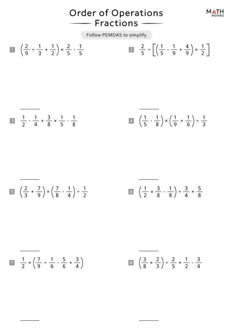 Order of operations with fractions worksheets