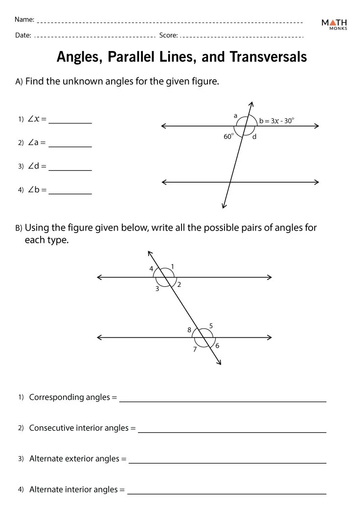 Parallel lines and transversals worksheet