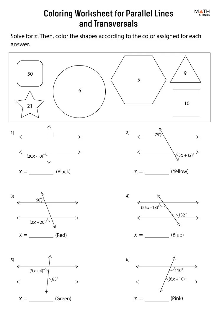 Parallel lines cut by a transversal worksheets coloring acti