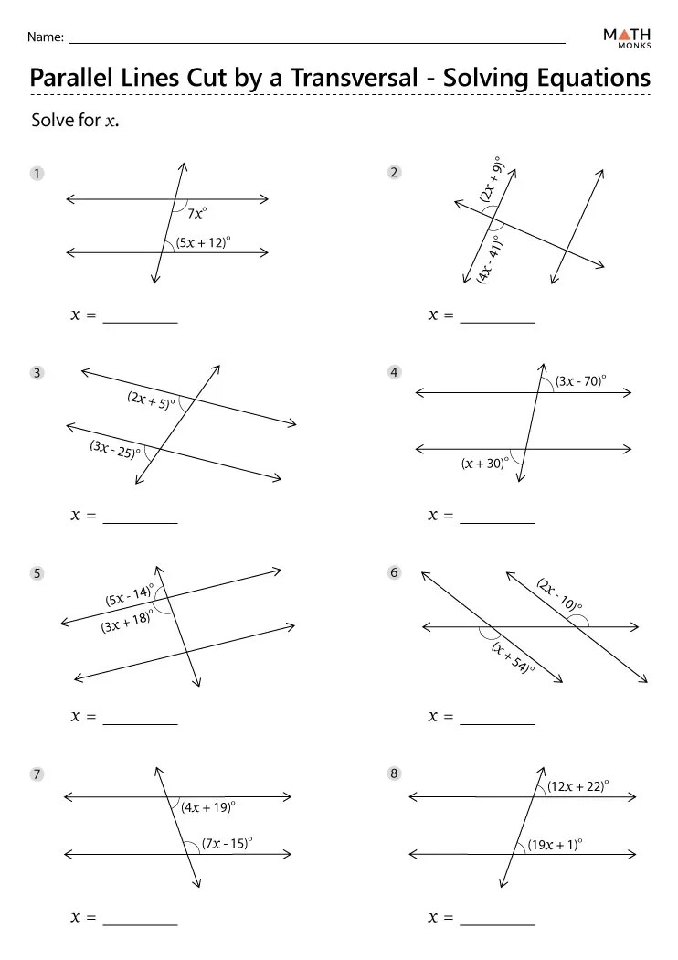 Parallel lines and transversals worksheets