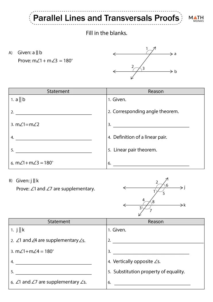 Parallel lines and transversals worksheets
