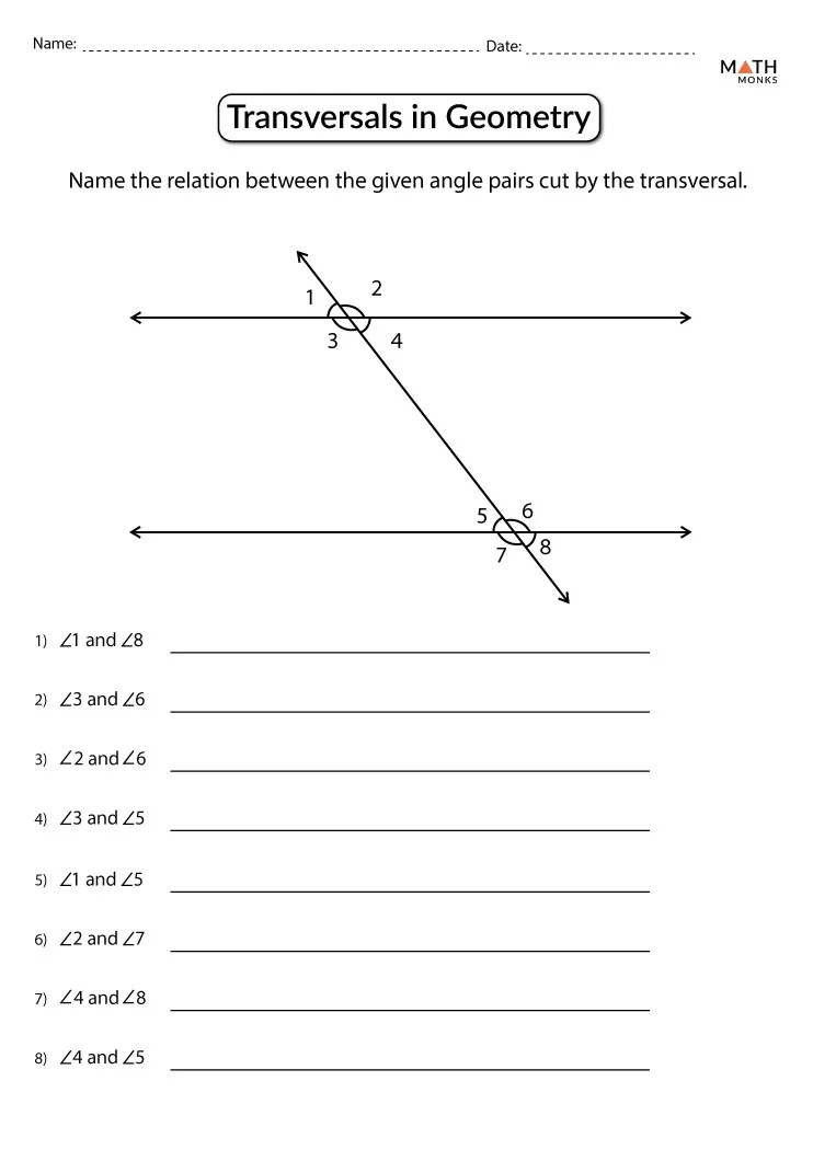 Parallel lines and transversals worksheets