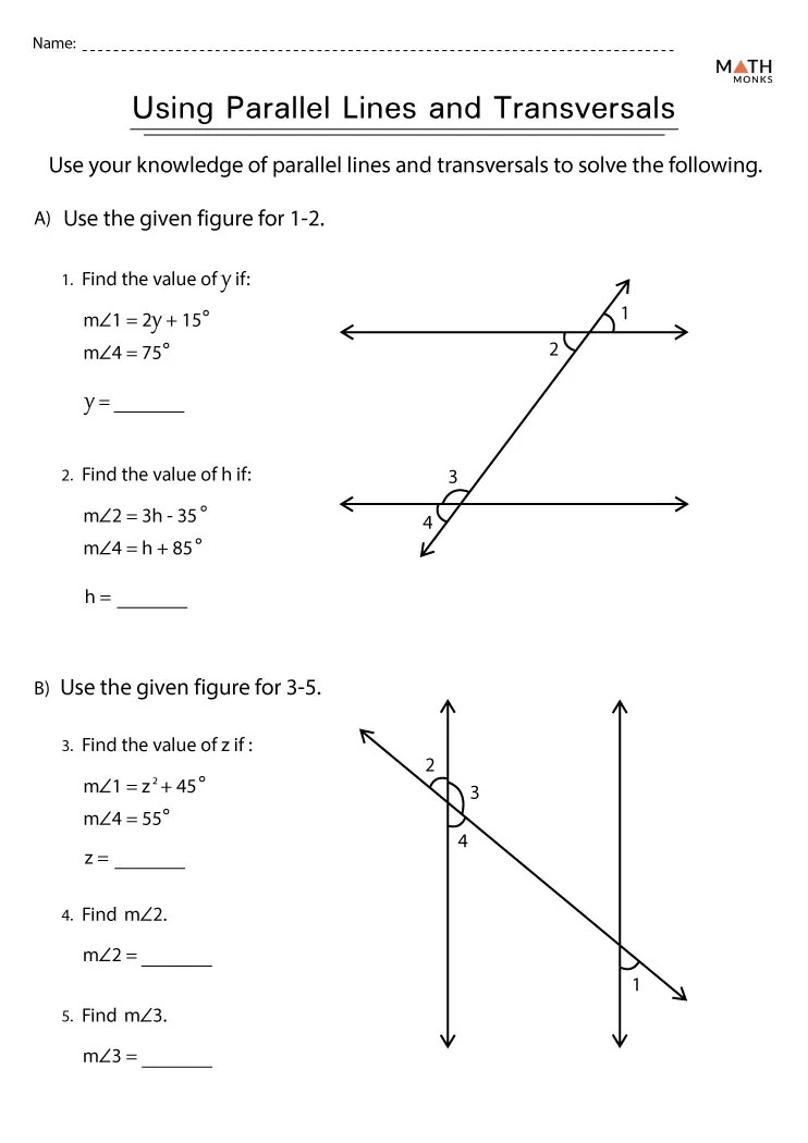 Parallel lines and transversals worksheets