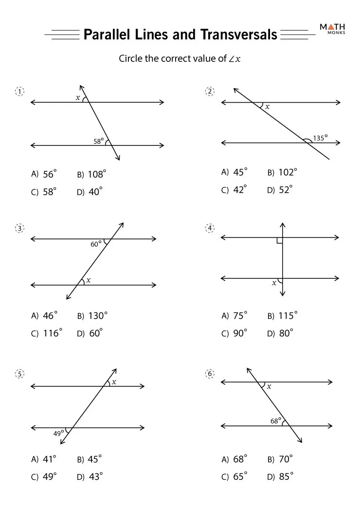 Parallel lines and transversals worksheets