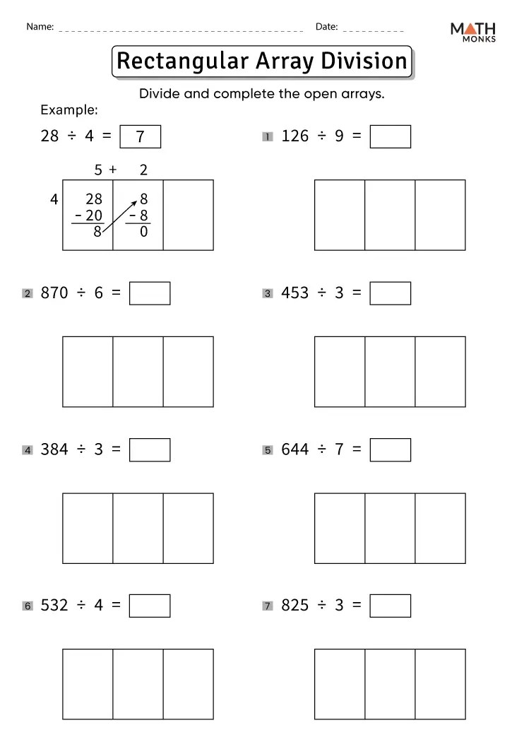 Division with arrays worksheets
