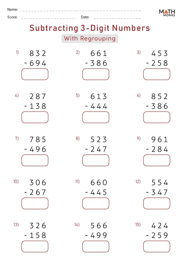 3 digit subtraction worksheets