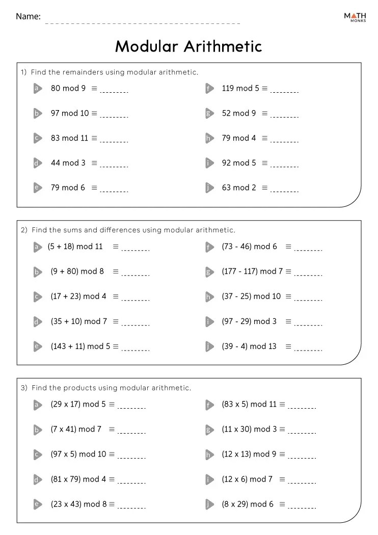 Modular arithmetic worksheets