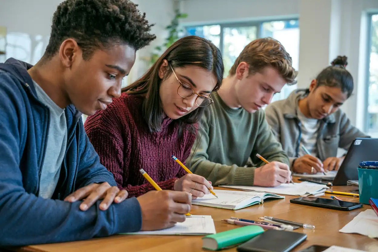 Students studying maths together in a classroom setting.