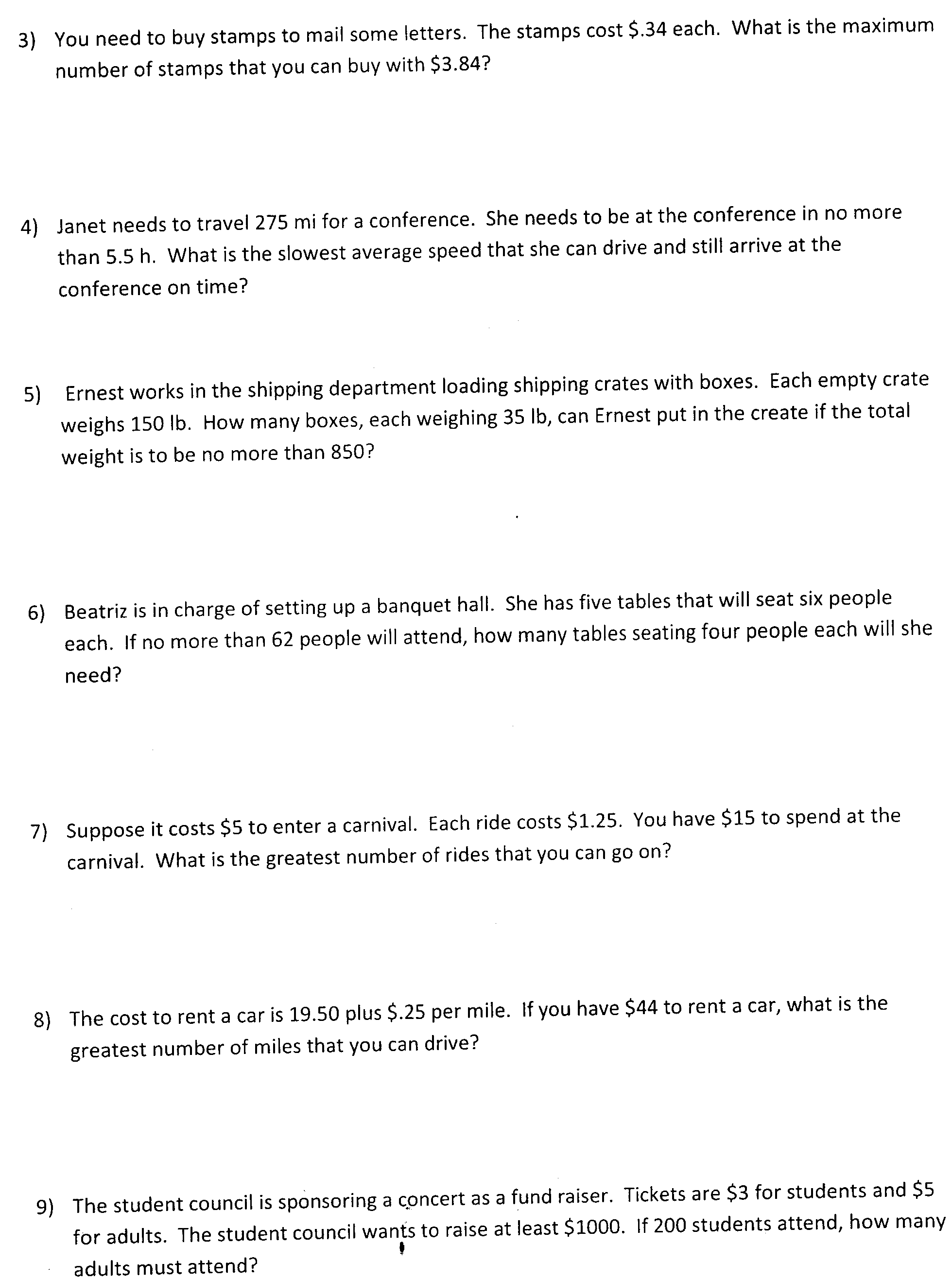 Inequality word problems worksheet