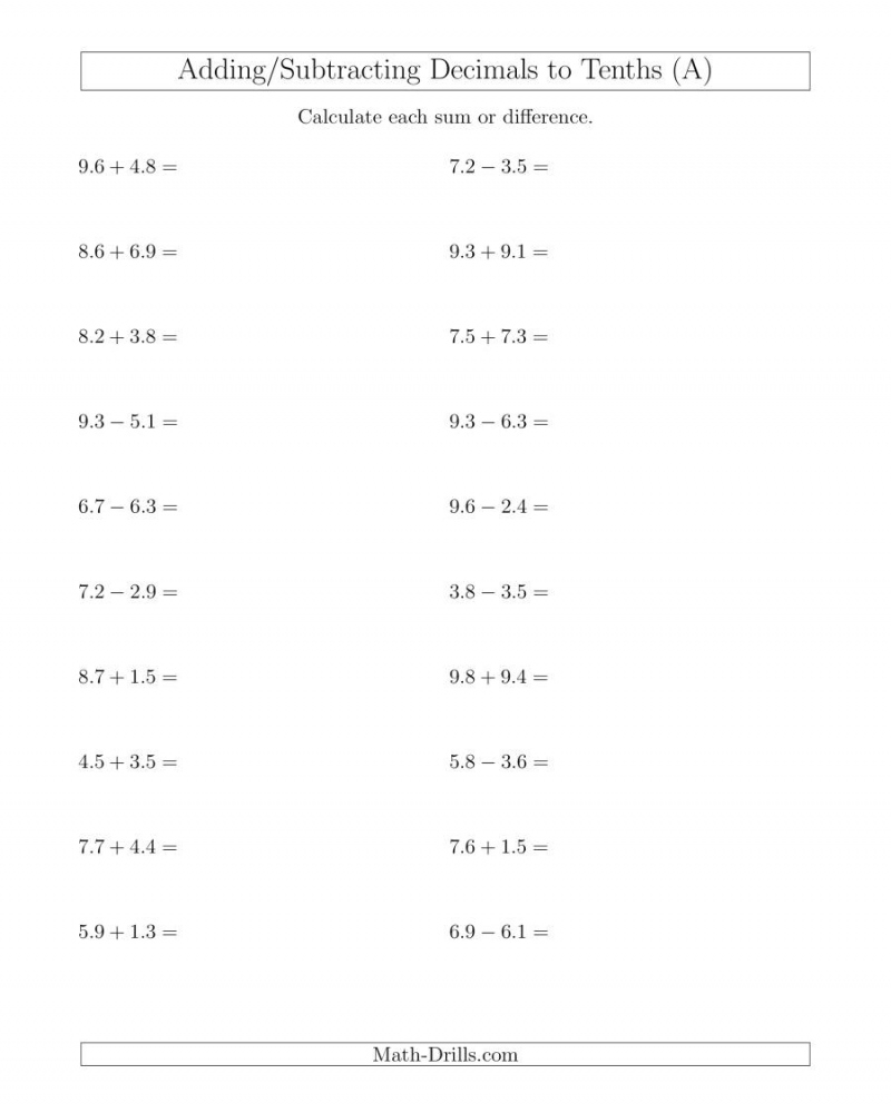 adding decimals worksheet horizontal math worksheets printable
