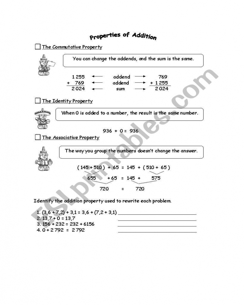 Addition properties worksheet