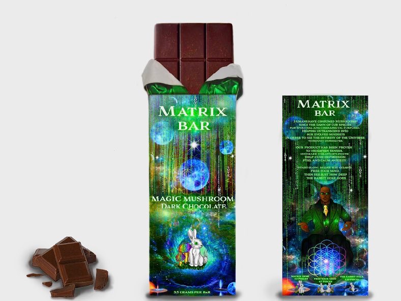 Product image of the Matrix Bar, a premium Dark Chocolate Mushroom Bar, showing its vibrant, themed packaging next to the bar and loose chocolate pieces.