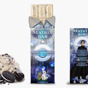 The Matrix Bar, a premium Cookies and Cream Mushroom Bar, shown with its Matrix-themed wrapper next to scoops of cookies and cream ice cream.
