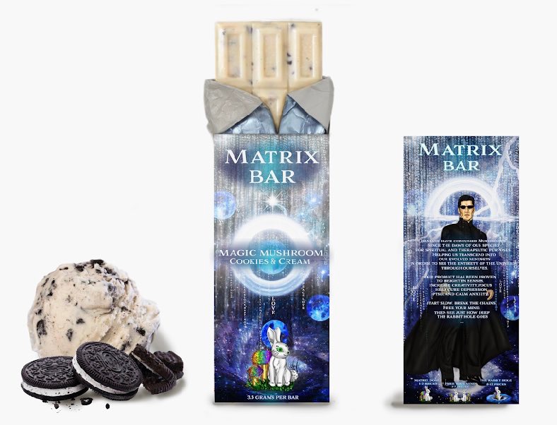 The Matrix Bar, a premium Cookies and Cream Mushroom Bar, shown with its Matrix-themed wrapper next to scoops of cookies and cream ice cream.