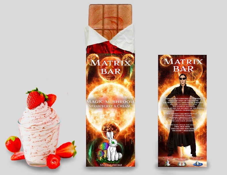 Product shot of the Matrix Bar, a premium Strawberries and Cream Mushroom Bar, shown with its themed wrapper, the chocolate bar, and fresh strawberry cream.