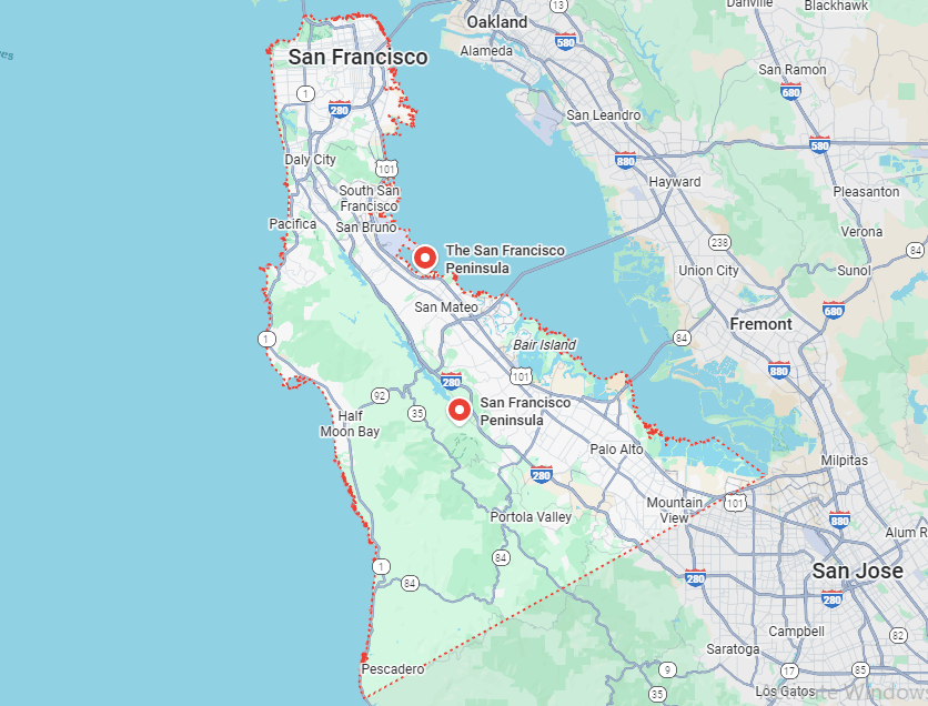 Map showing the San Francisco Peninsula service area including San Mateo County, San Francisco, and surrounding cities