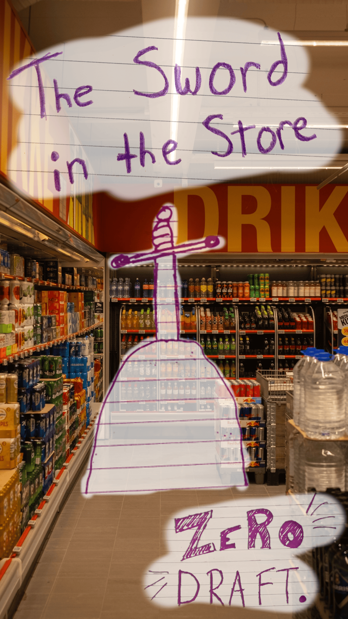 A hand drawn sword in a stone in a grocery store