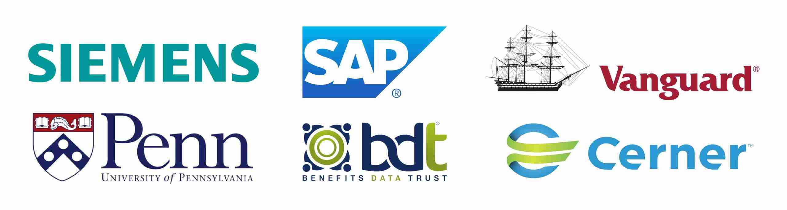 Logos of Siemens, SAP, Vanguard, University of Penn, Benefits Data Trust, Cerner