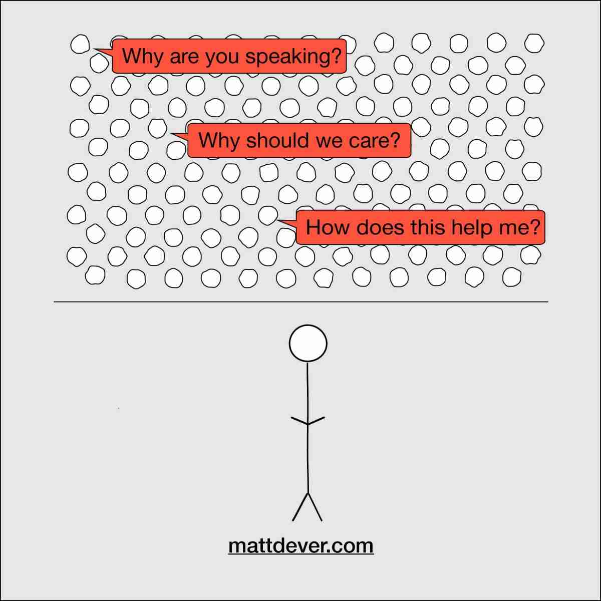 Speaking looking at an audience who ask "Why are you speaking?", "Why should I care?", "How does this help me?"