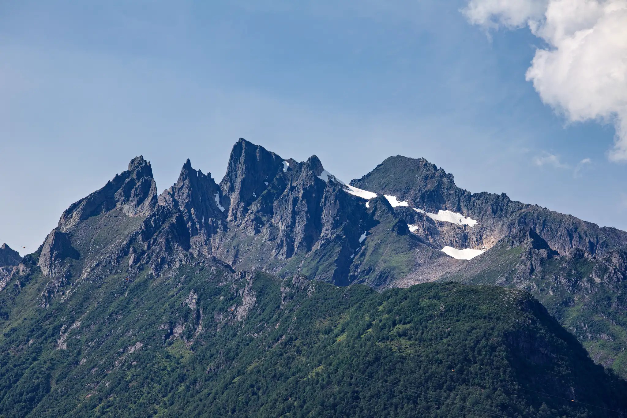 Schroffe Bergspitzen mit vereinzelten Schneefeldern unter blauem Himmel