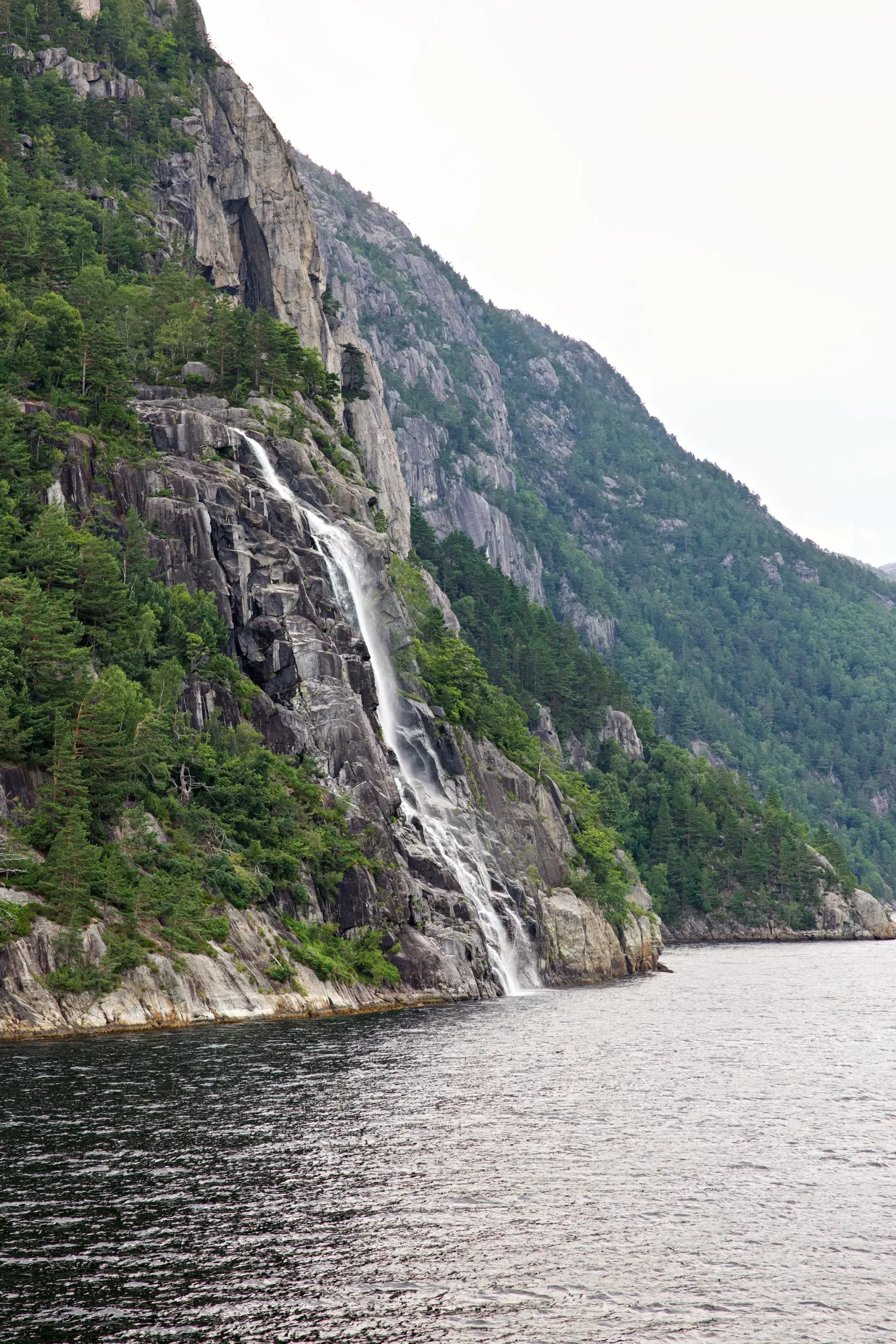 Wasserfall fließt an steiler Felswand mit grünen Bäumen in einen Fjord