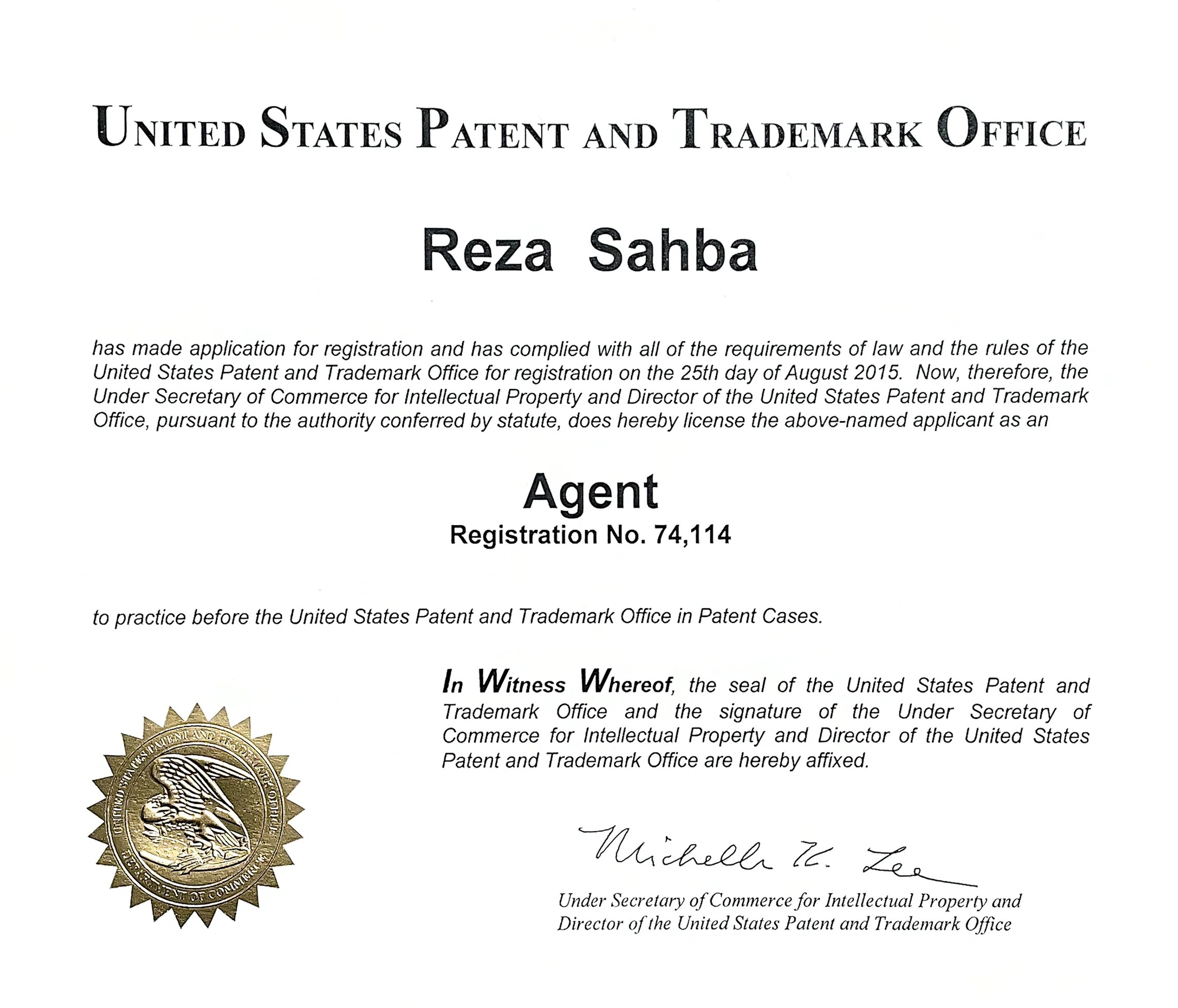 USPTO registration certificate for Reza Sahba