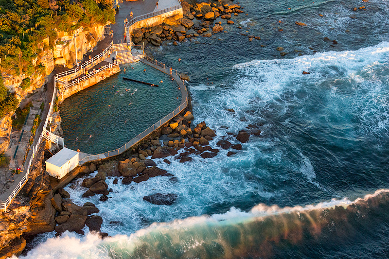 Bronte baths ocean pool stretched canvas photos sydney sunrise aerial