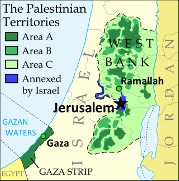 Retiro de Israel de zonas de Cisjordania (West Bank) tras el Acuerdo de Oslo (2003 y 2005). Zona A administrada políticamente por palestinos. Zona B administrada por palestinos y seguridad conjunta palestino-israelí y zona C aún bajo administración israelí. 