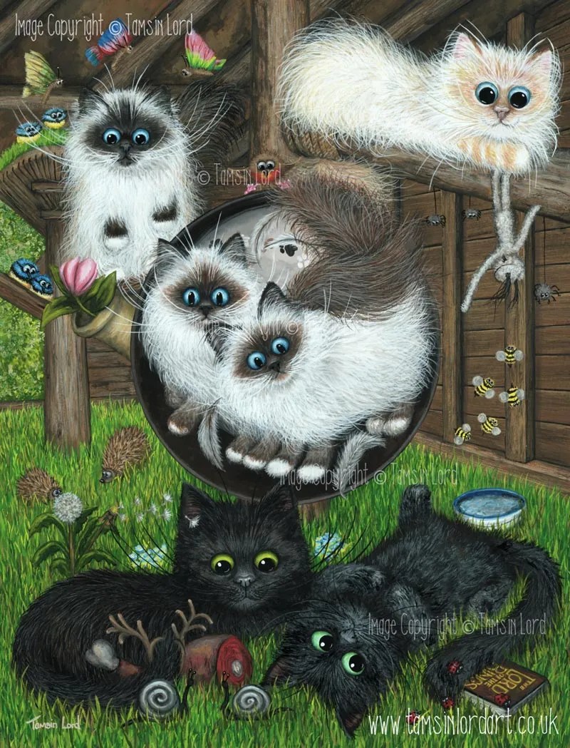 Illustration von sechs flauschigen Kätzchen mit blauen Augen in einer Gartenumgebung. Zwei schwarze Kätzchen liegen neben einem Wollknäuel, drei weiße Kätzchen drängen sich in einem Korb zusammen und ein weißes Kätzchen hängt an einem Seil. Die Szene ist farbenfroh und verspielt.