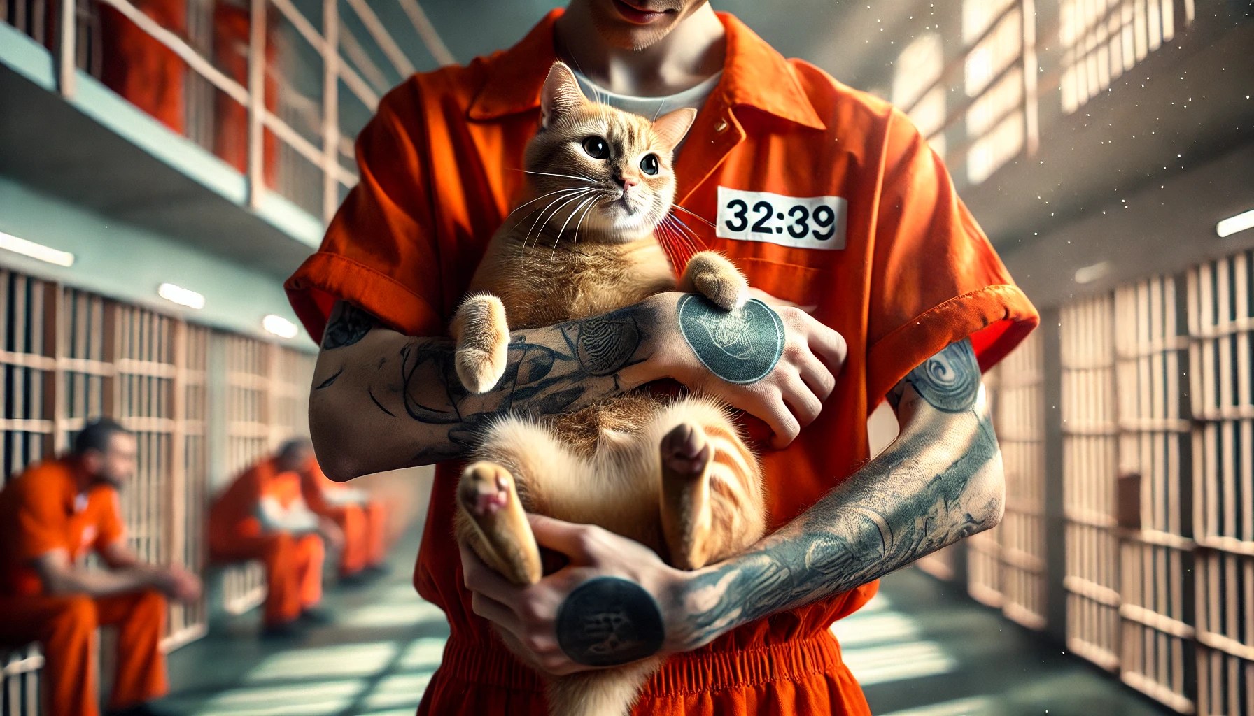 Eine tätowierte Person in orangefarbener Gefängnisuniform hält eine rothaarige Katze. Sie stehen in einem Gefängnisflur, im Hintergrund sind Gitterstäbe und andere Insassen zu sehen und durch die Fenster fällt Licht herein.