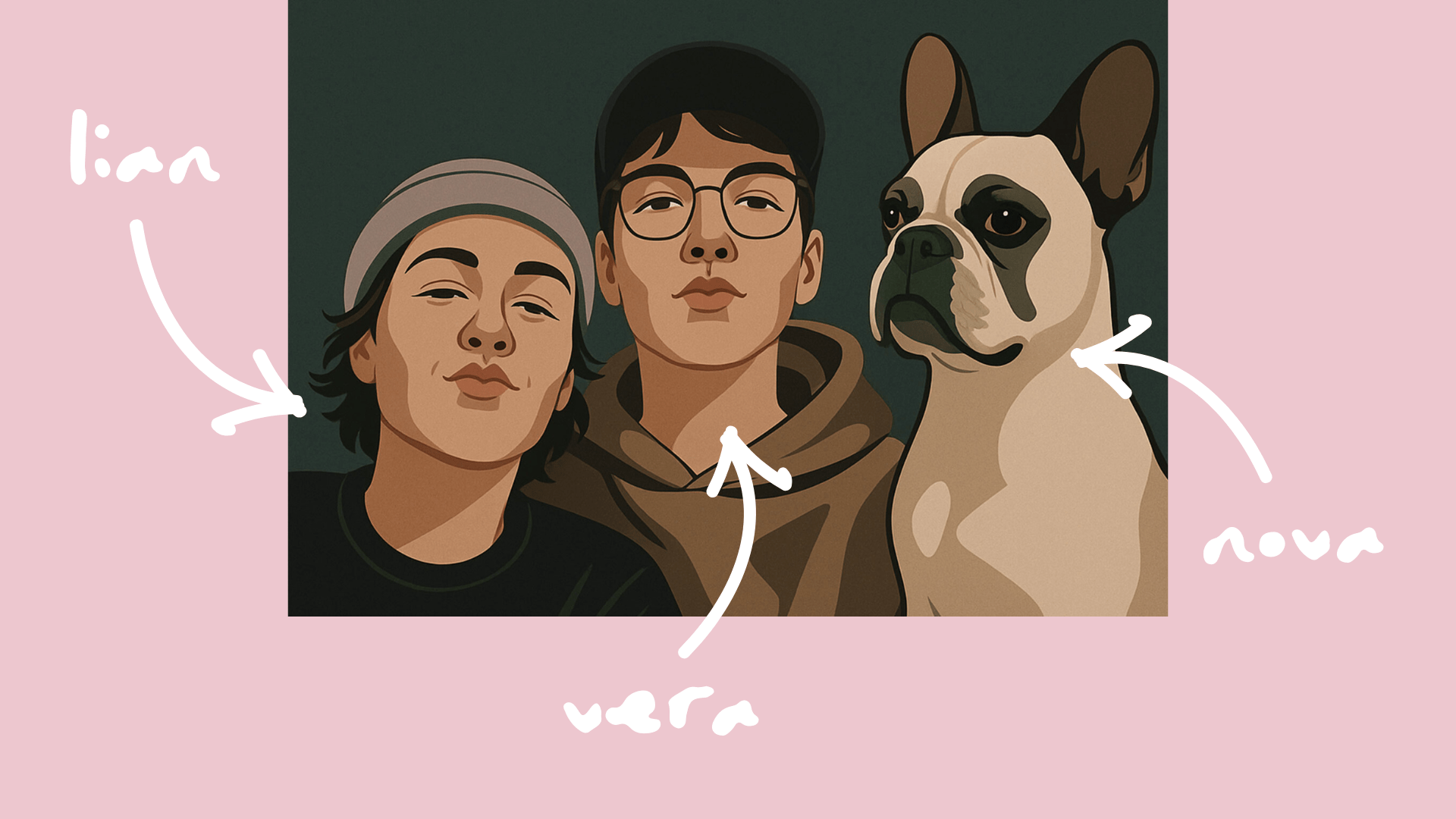 Illustrated portrait of the MAUS team – Lian, Vera, and their French Bulldog Nova – on a pink background, showcasing the creative duo behind the agency.