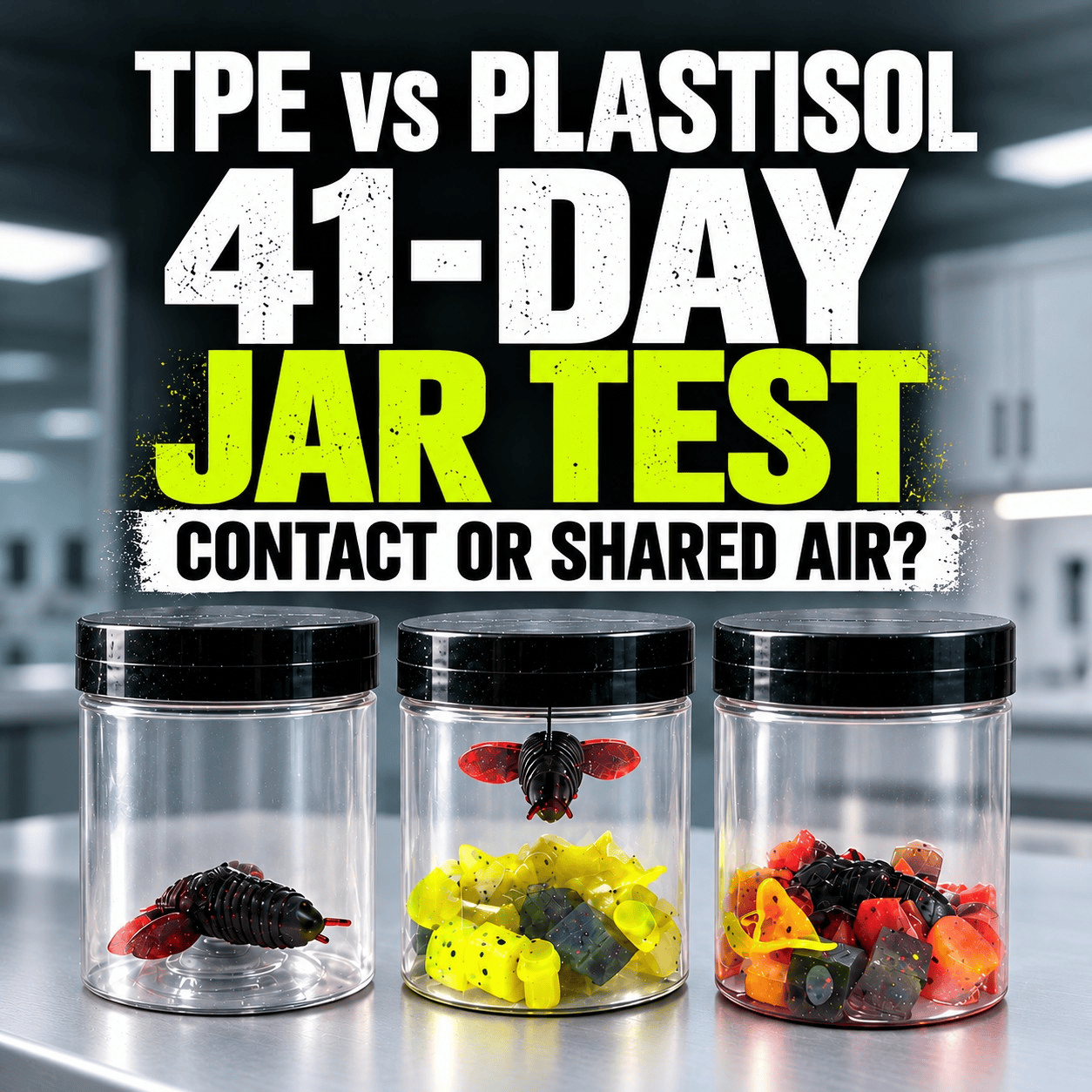 TPE vs Plastisol: 41-day jar test — contact or shared air? Three jars on a clean laboratory bench.