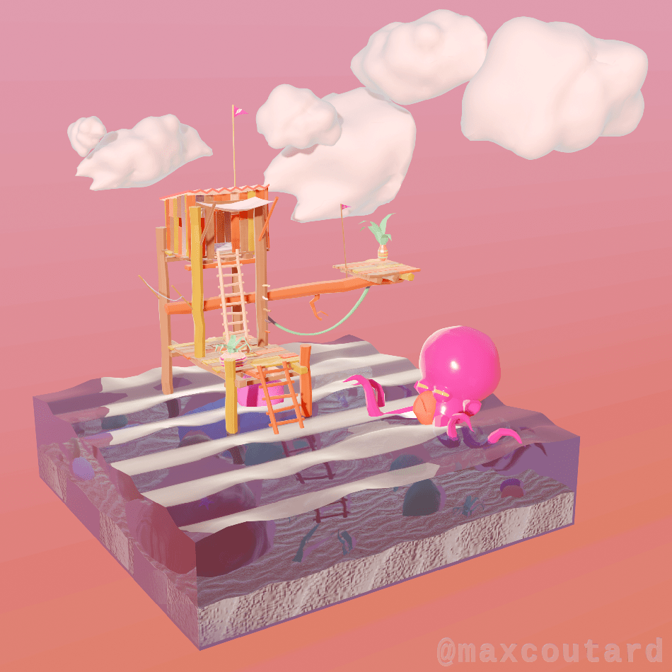 A diorama of a wooden shack in a cartoony sea acosted by an octopus