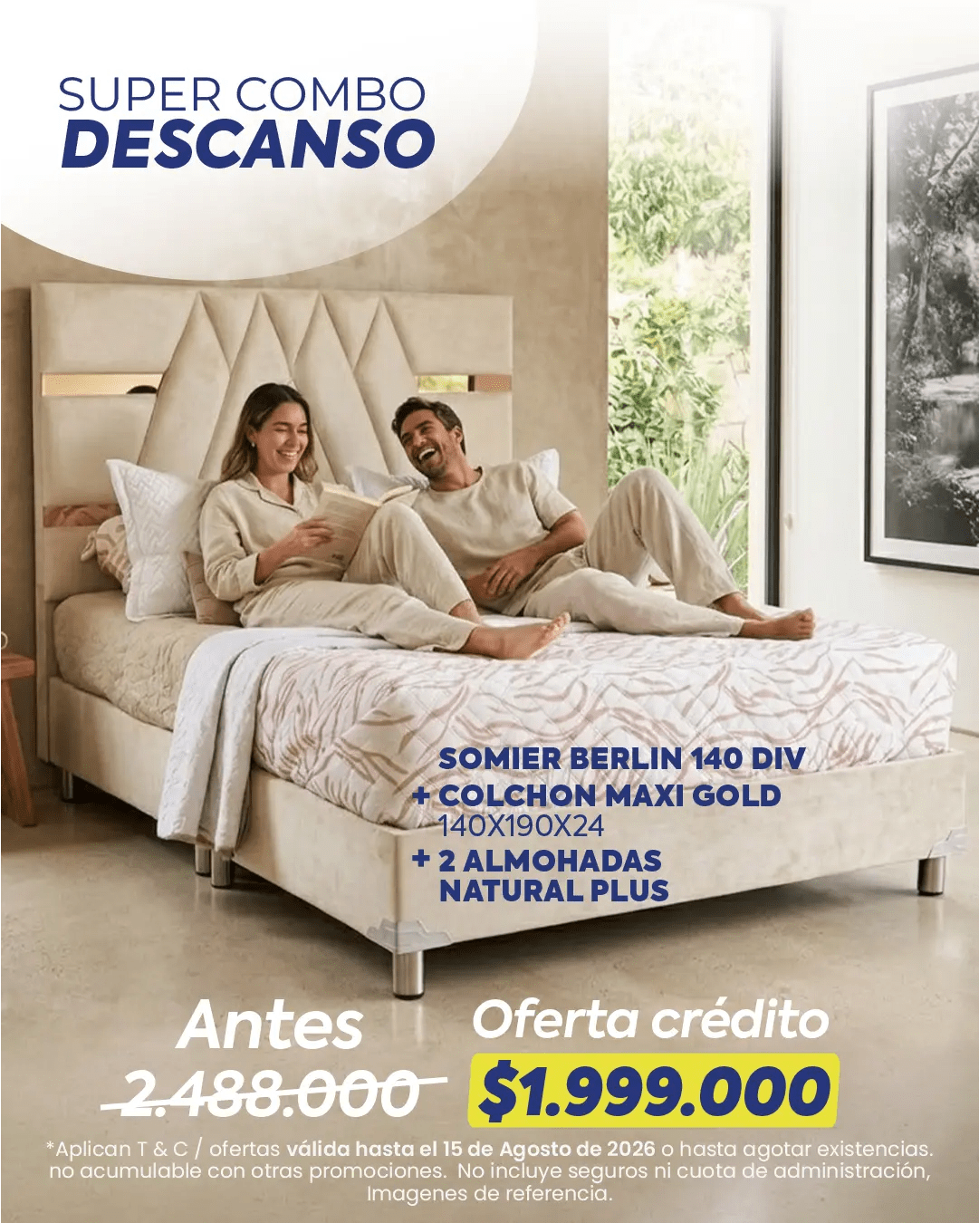 Super Combo Descanso 2: somier Berlin 140, colchón Maxi Gold 140x190x24 y 2 almohadas Natural Plus. Oferta a crédito por $1.999.000. Ideal para renovar tu habitación con un combo de descanso completo.