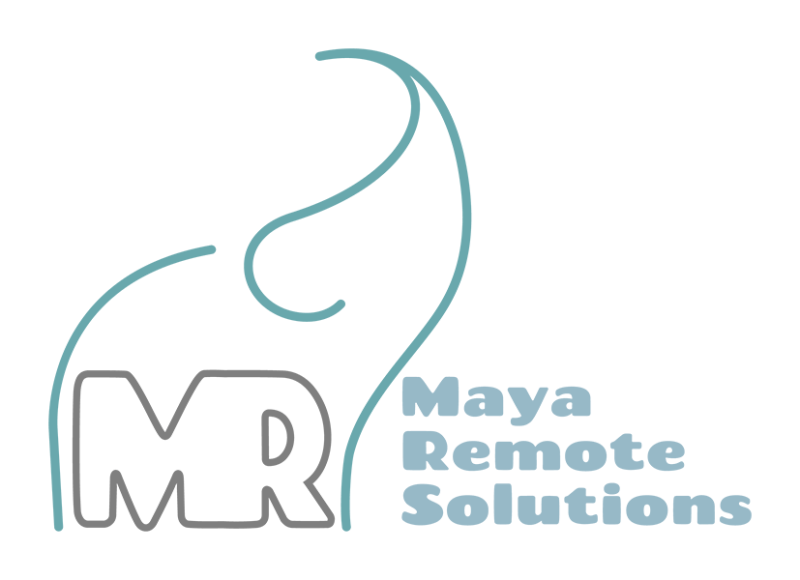Line drawn elephant with letters (MR) for legs. Archived logo for Maya Remote Solutions