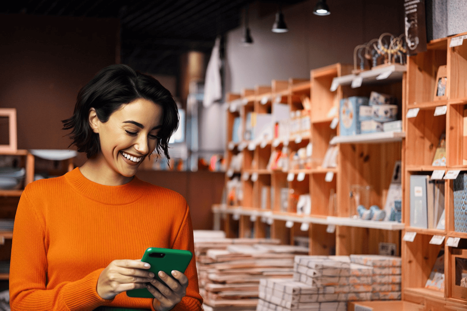 Small business owner checking social media while smiling