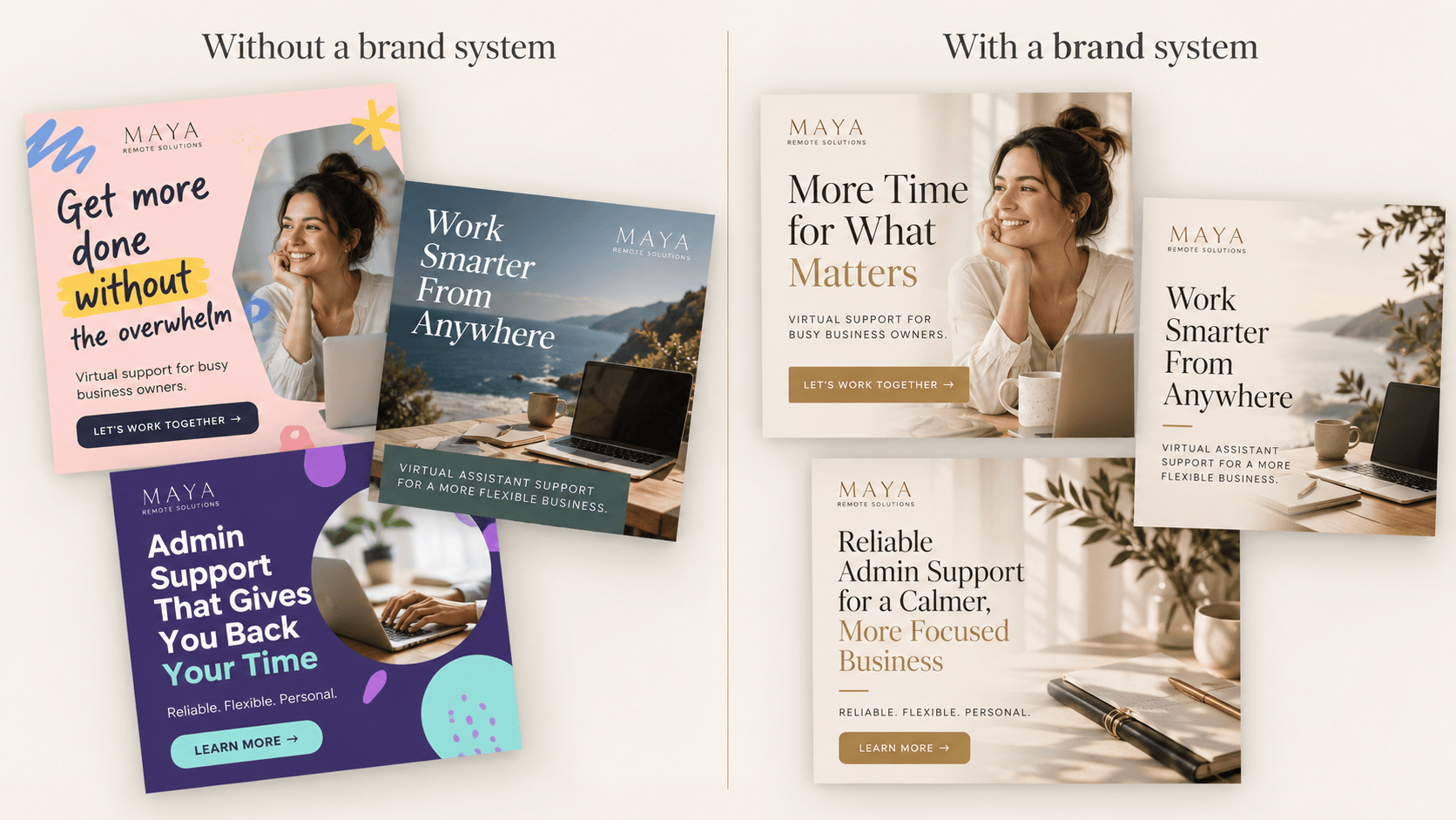 Side by side comparison of social media templates with and without a brand system
