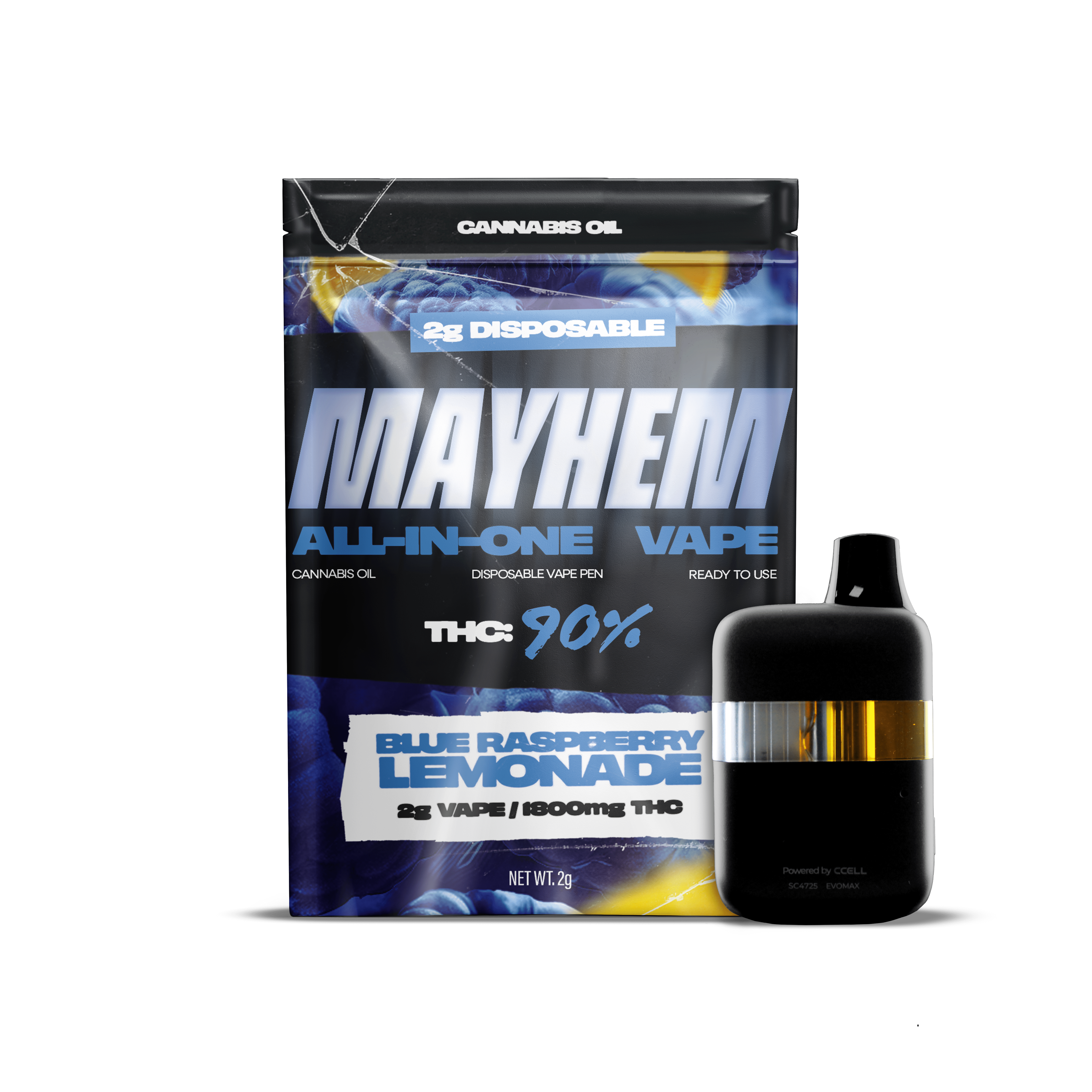 image of Mayhem Blue Raspberry Lemonade Vape bag and all in one vape