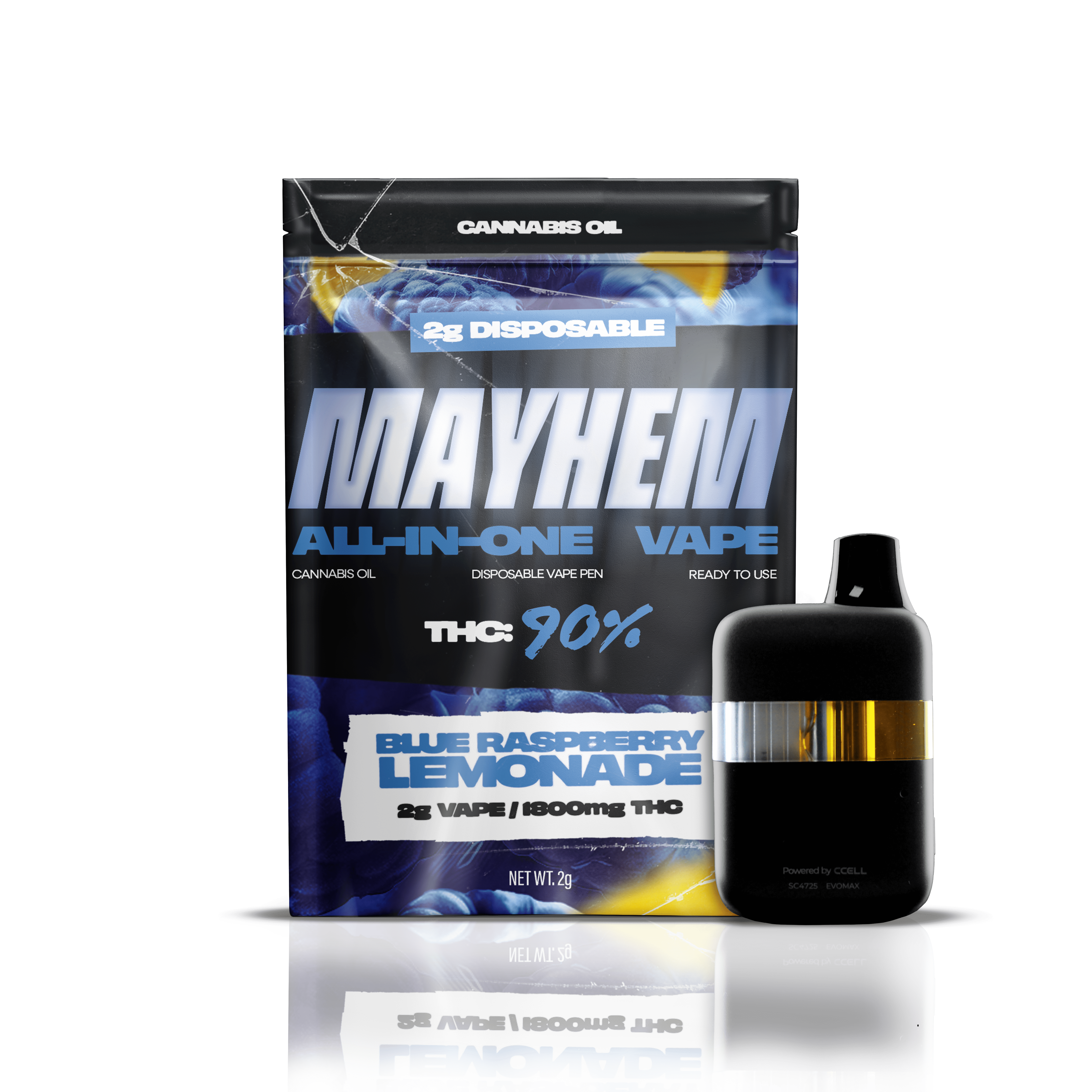 Mayhem blue raspberry vape bag and mayhem all in one vape propped next to it