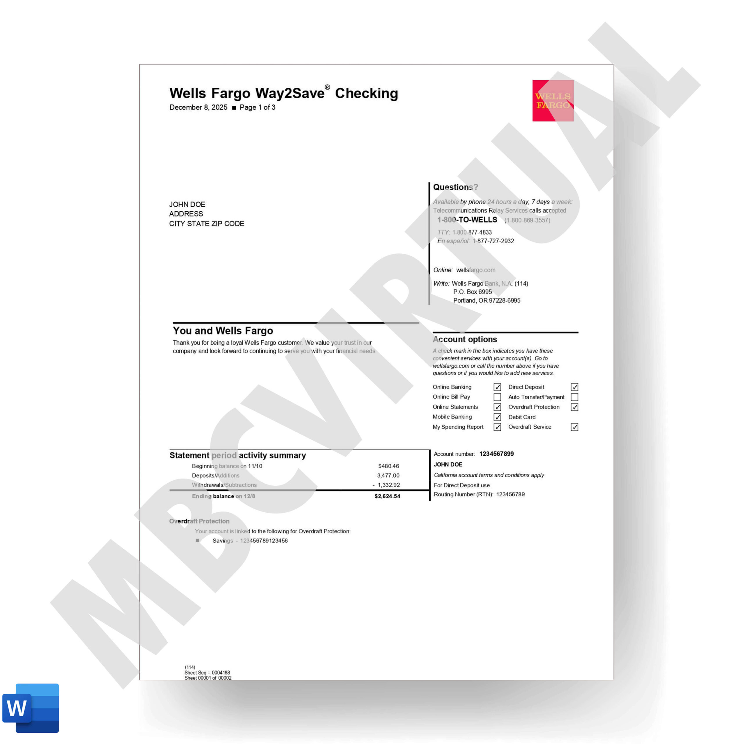 Wells Fargo way2save Checking Statement